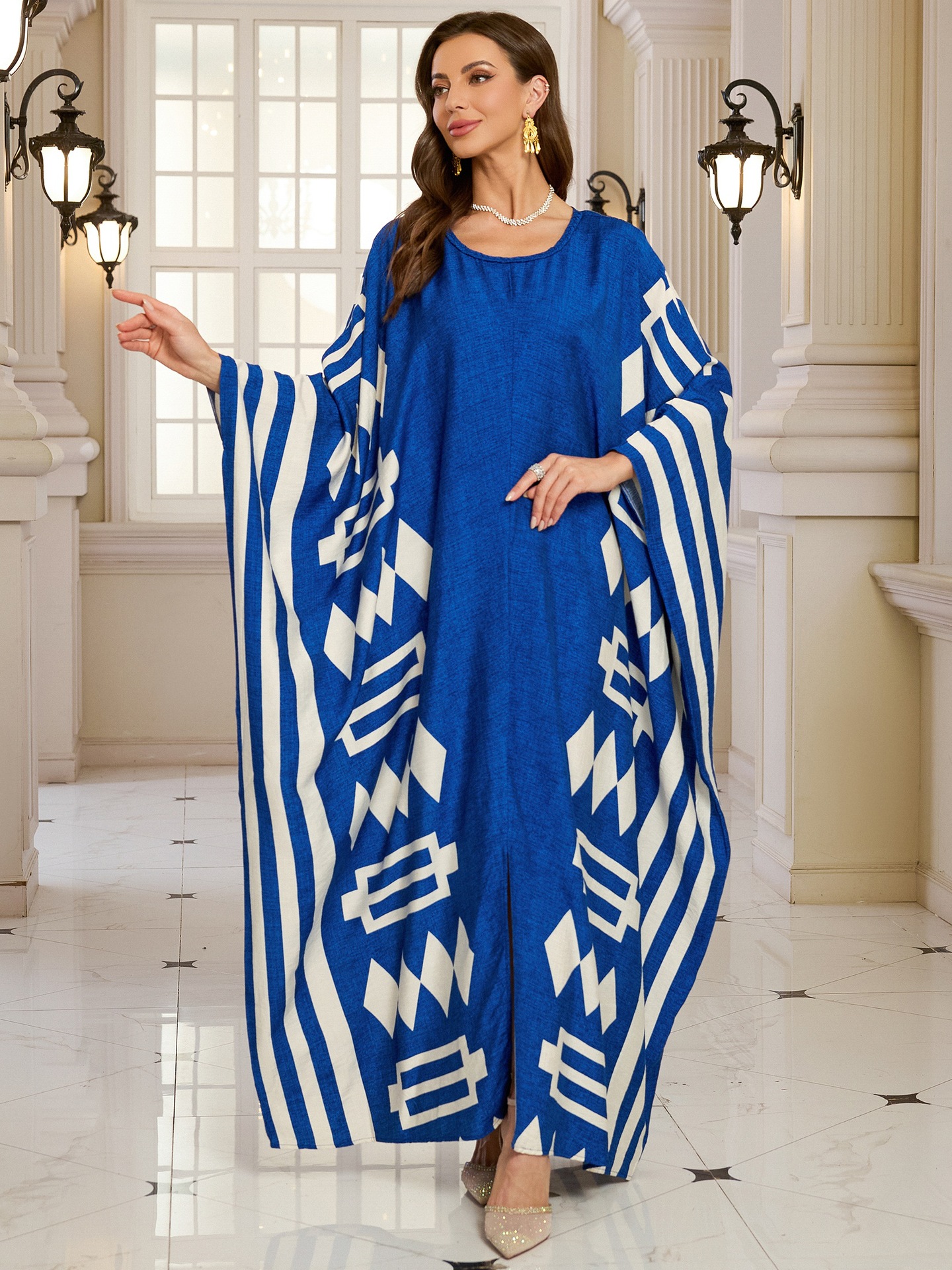Geometric Pattern Kaftan Maxi Dress with Long Batwing Sleeves for Beach Cover Up